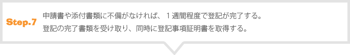申請書や添付書類に不備がなければ、１週間程度で登記完了